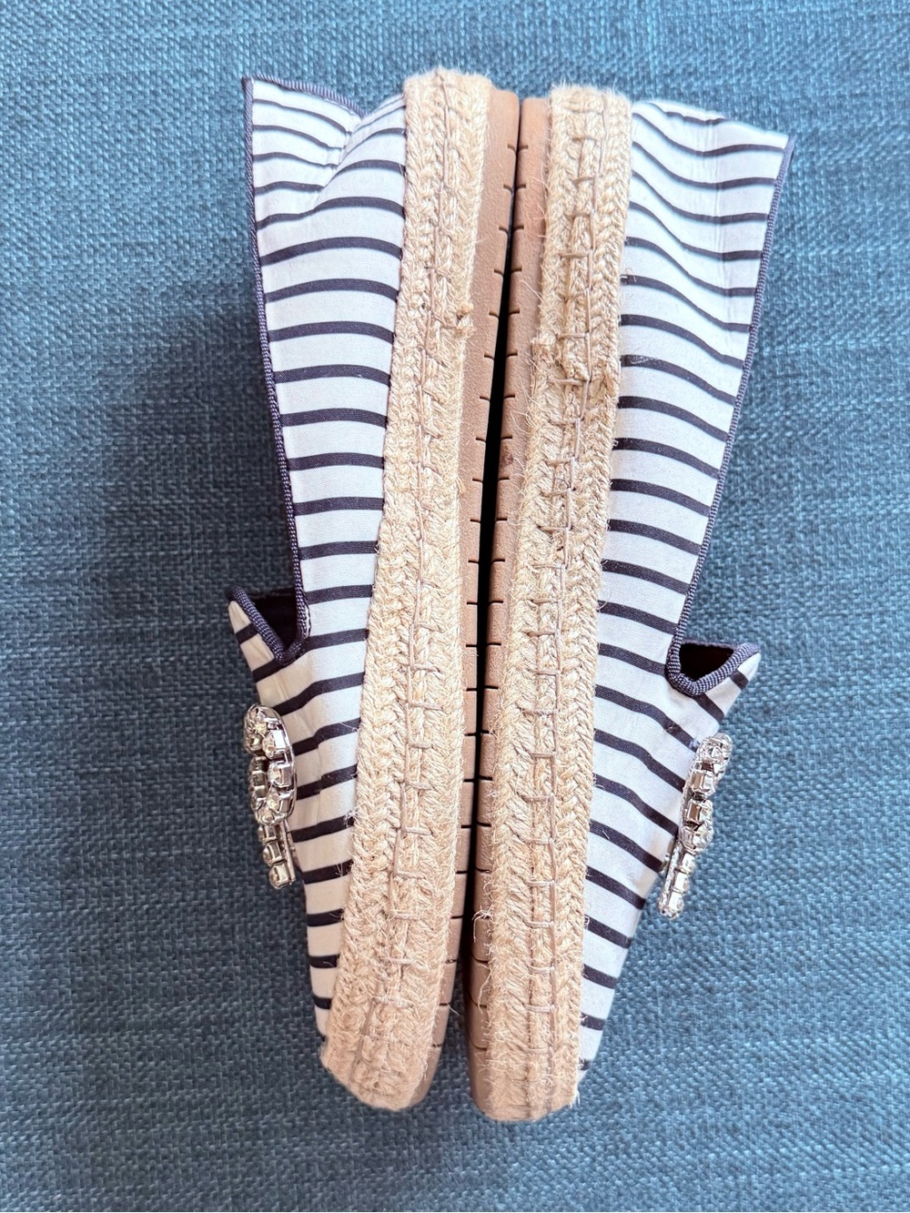 Striped Navy and White Slip-On Espadrilles with Crystal Bow - Picture 2 of 5